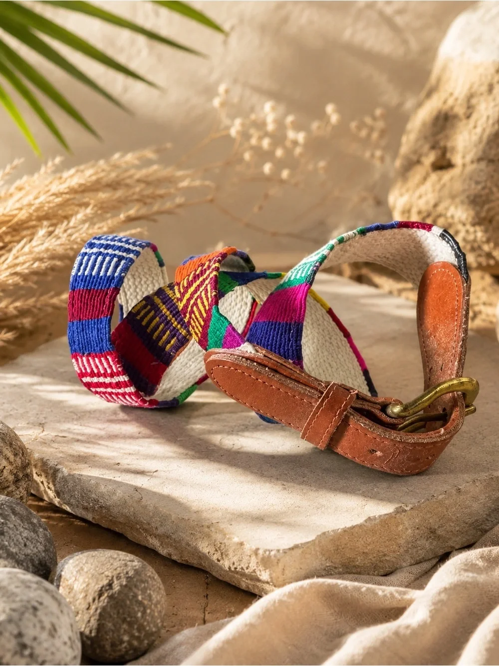 Vintage Guatemalan Woven Textile Leather Belt Sz 33 Multicolor Boho Southwestern